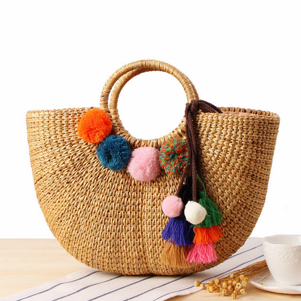 PORTABLE SEMI-CIRCLE WOOL BALL WOVEN BAG_CWAB2117