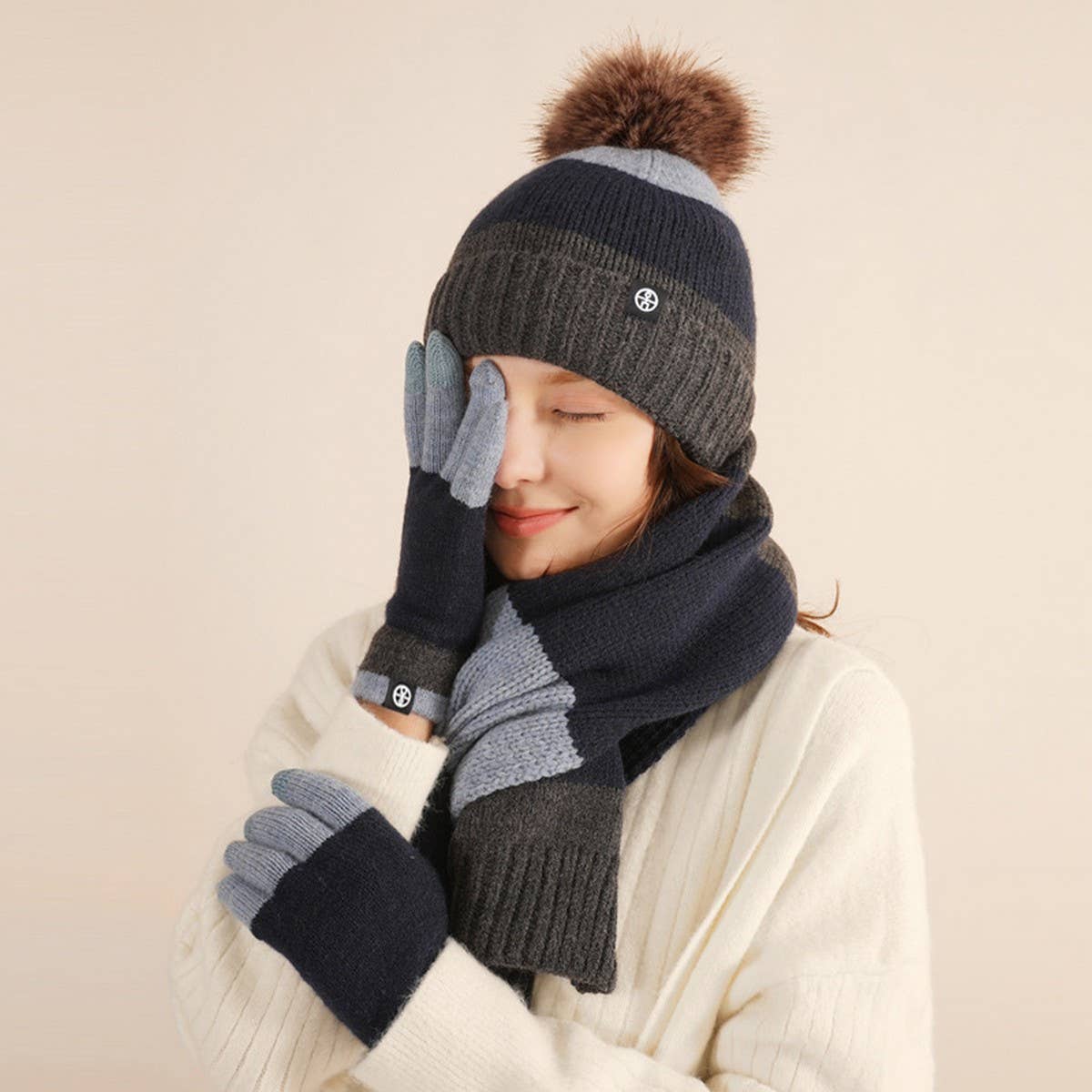 WINTER KNITTED CONTRAST POM POM THREE PIECE SUIT