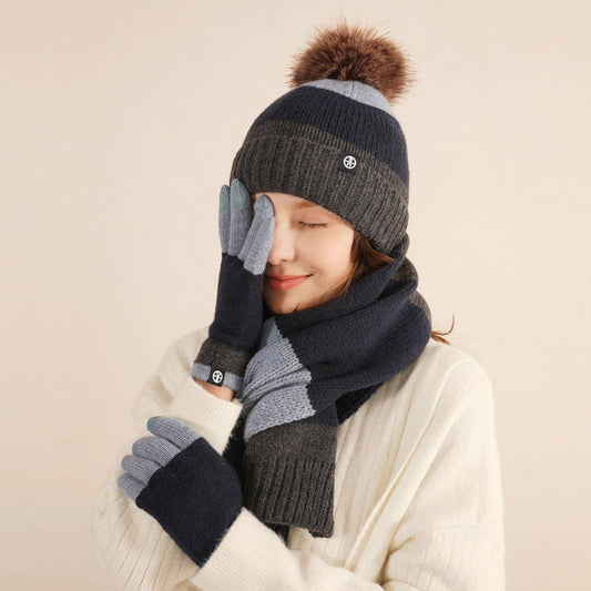 WINTER KNITTED CONTRAST POM POM THREE PIECE SUIT