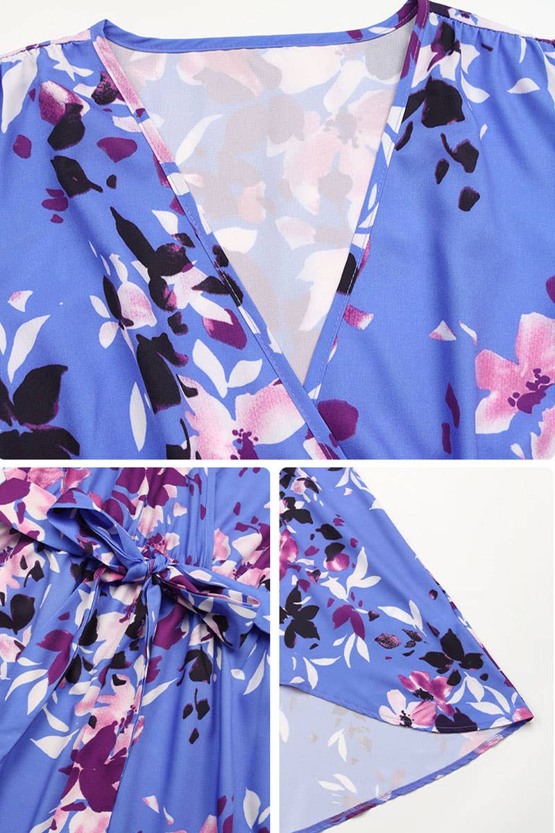 CWDMD4669_SUMMER RETRO PRINT LACE-UP WRAP V-NECK DRESS