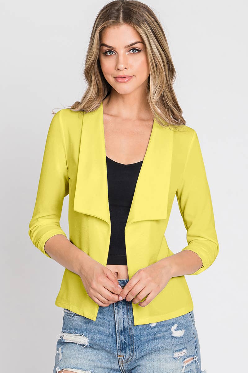 CWOBL101_Casual Work Ruched 3/4 Sleeve Open Front Blazer