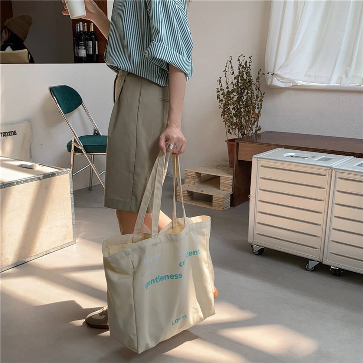 CWAB5815_LARGE CAPACITY CANVAS TOTE BAG WITH LETTER PRINT