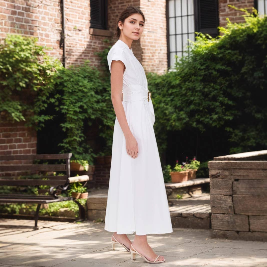 Sun metal belt short sleeve stand-up collar dress