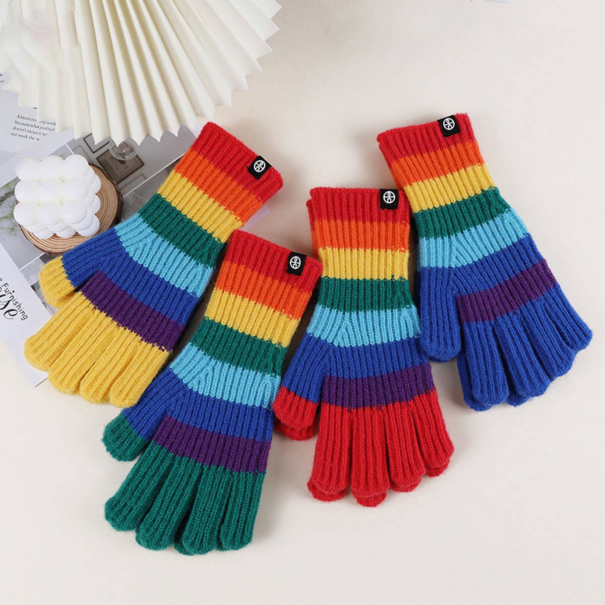 WINTER RAINBOW STRIPED KNITTED FINGERLESS GLOVES_CWAG0397
