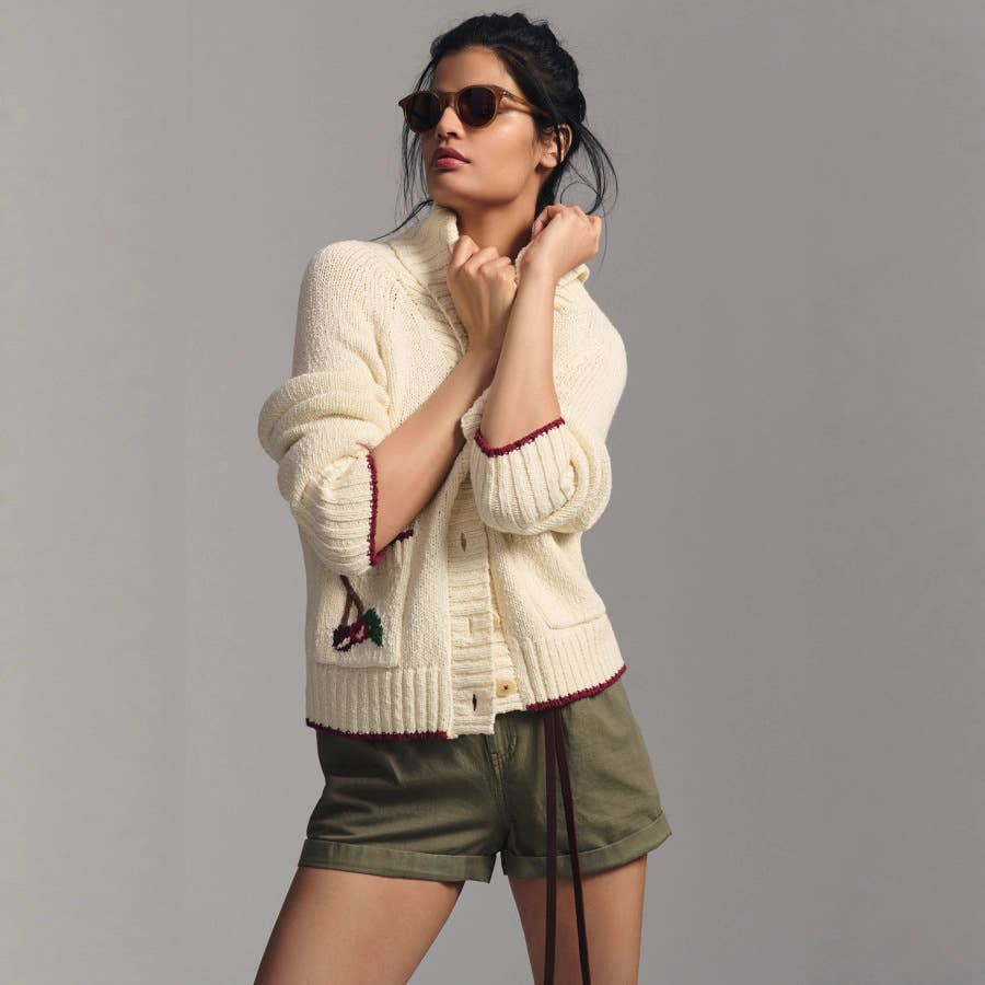 Lapel cherry jacquard single-breasted cardigan