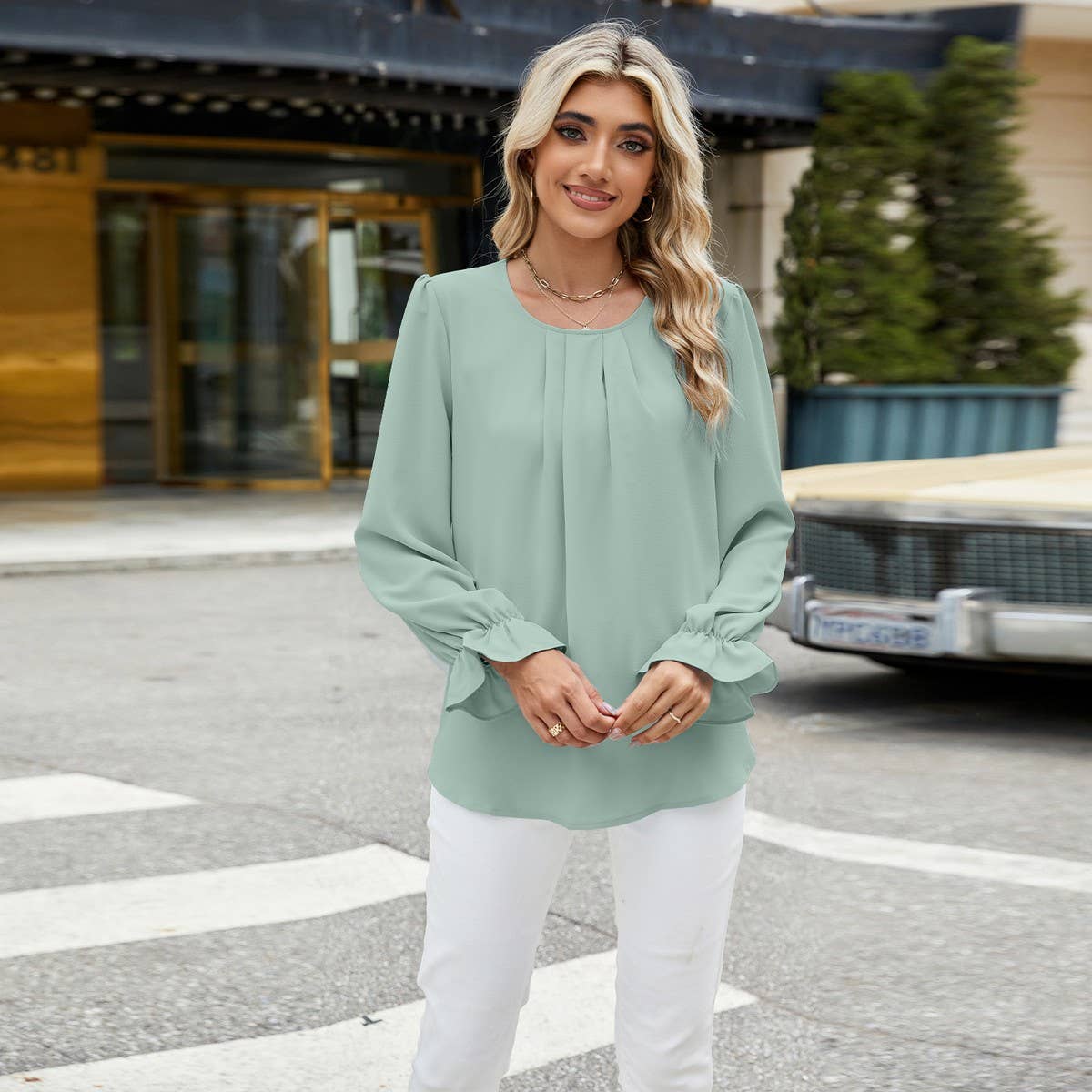 Solid color crew-neck long-sleeved loose chiffon
