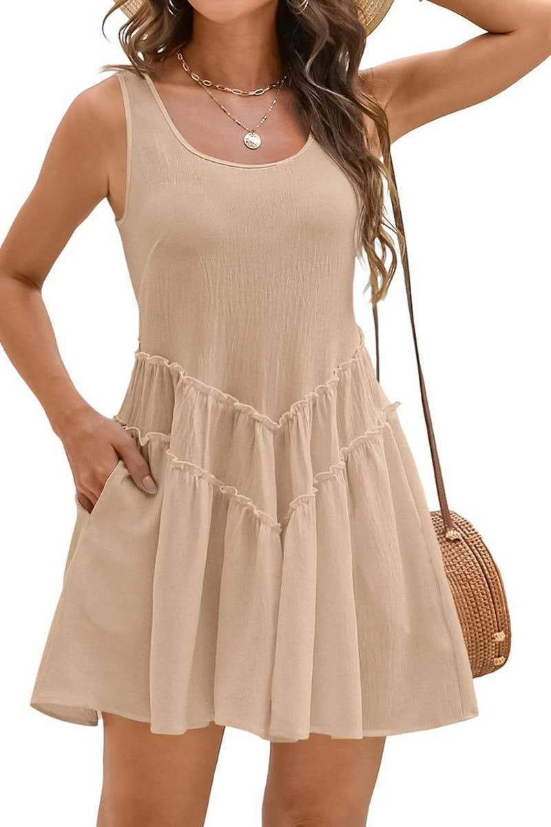 CWDSD8696_U-NECK DRESS WITH V-LACE TRIM AND POCKETS