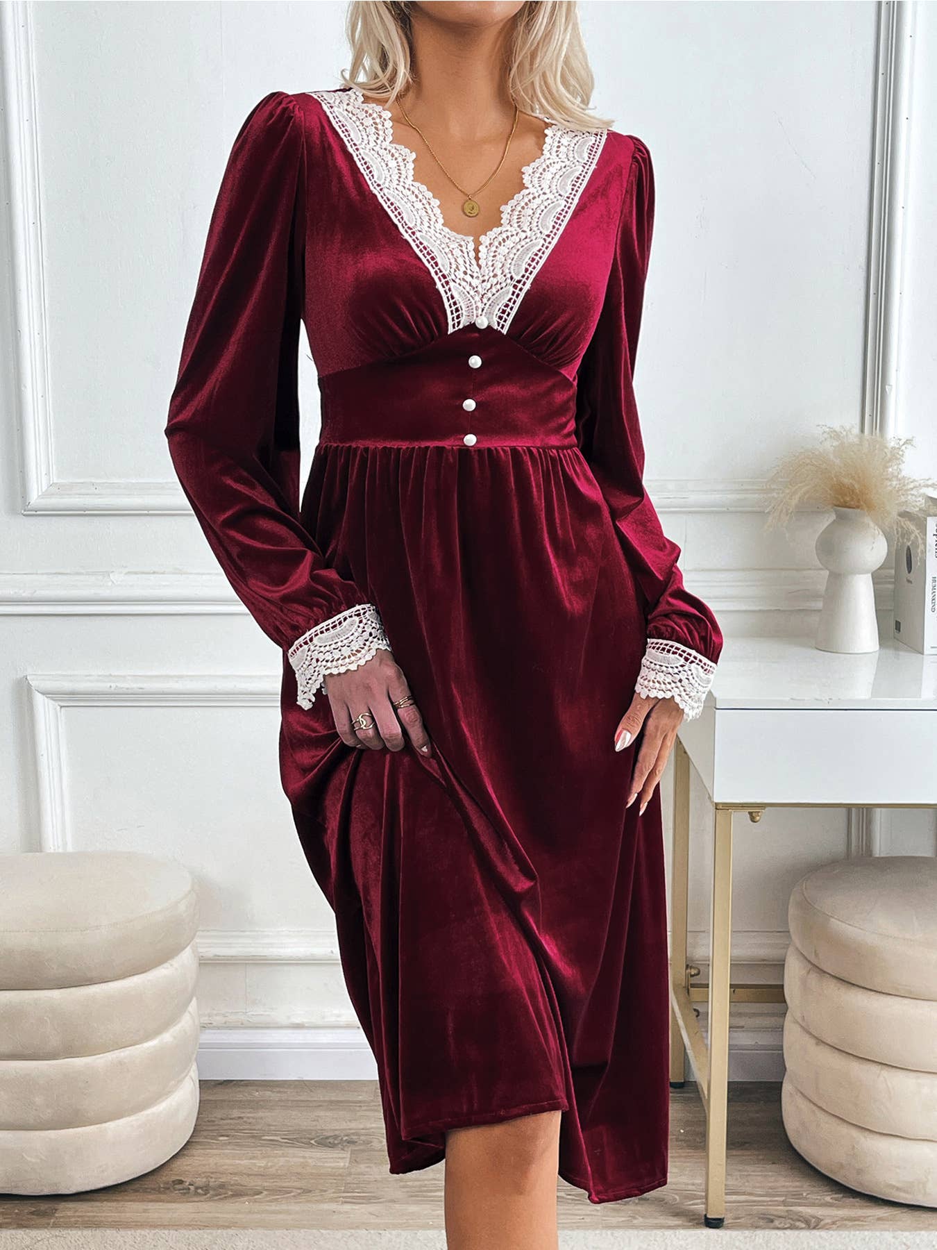 Party velvet dress lace patchwork color contrast dress dress