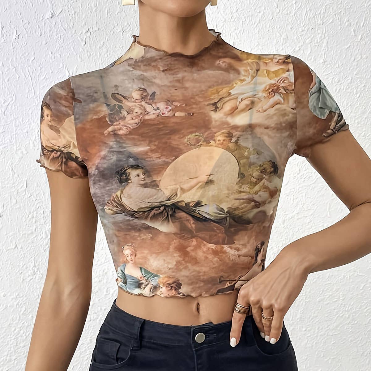 FLORAL PRINT MESH TOP WITH RUFFLE DETAILING