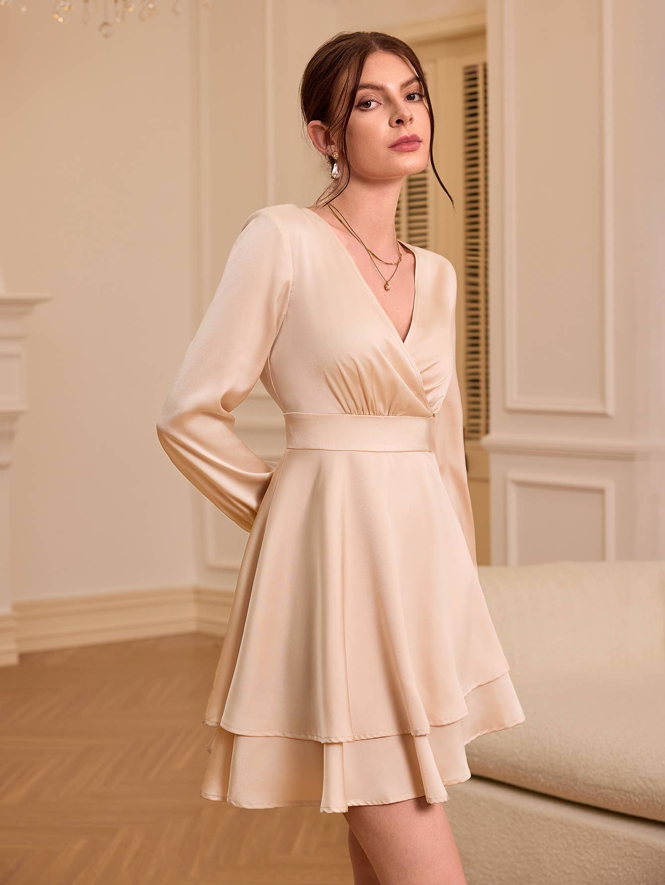 Elegant Satin V-Neck Dress with Puff Sleeves