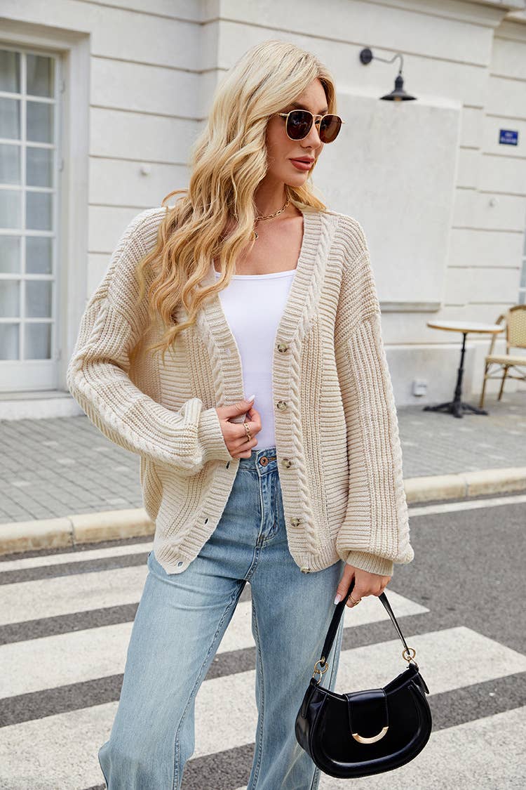 V-neck buttoned single-breasted knitted cardigan