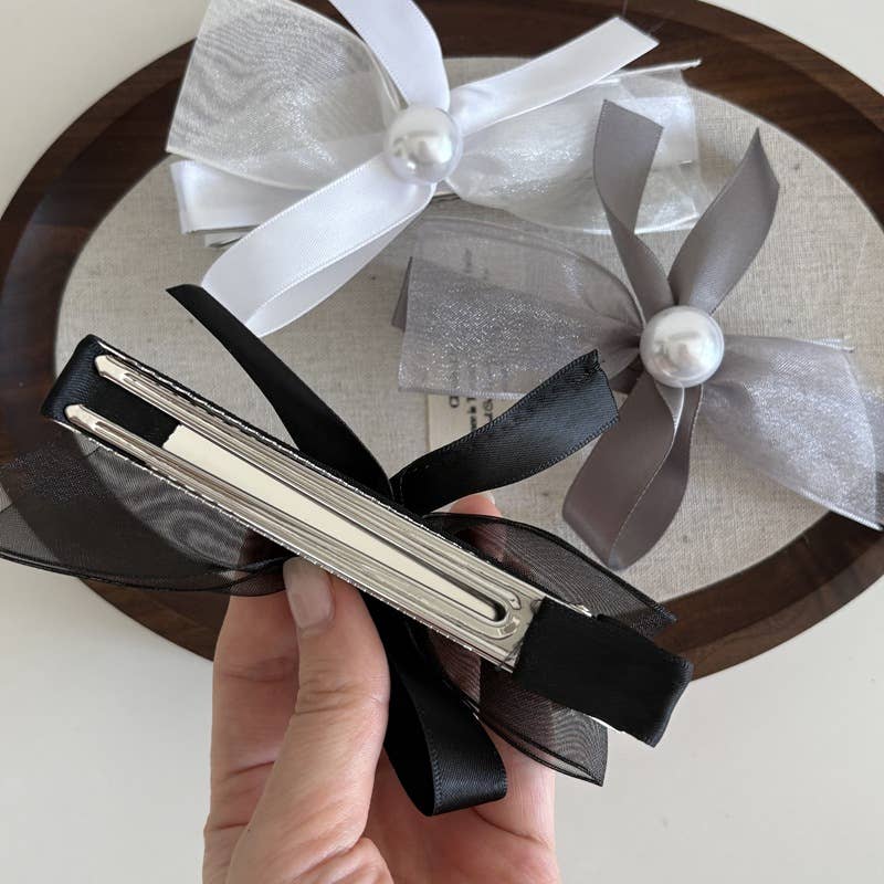 Elegant net gauze pearl bow hair clip