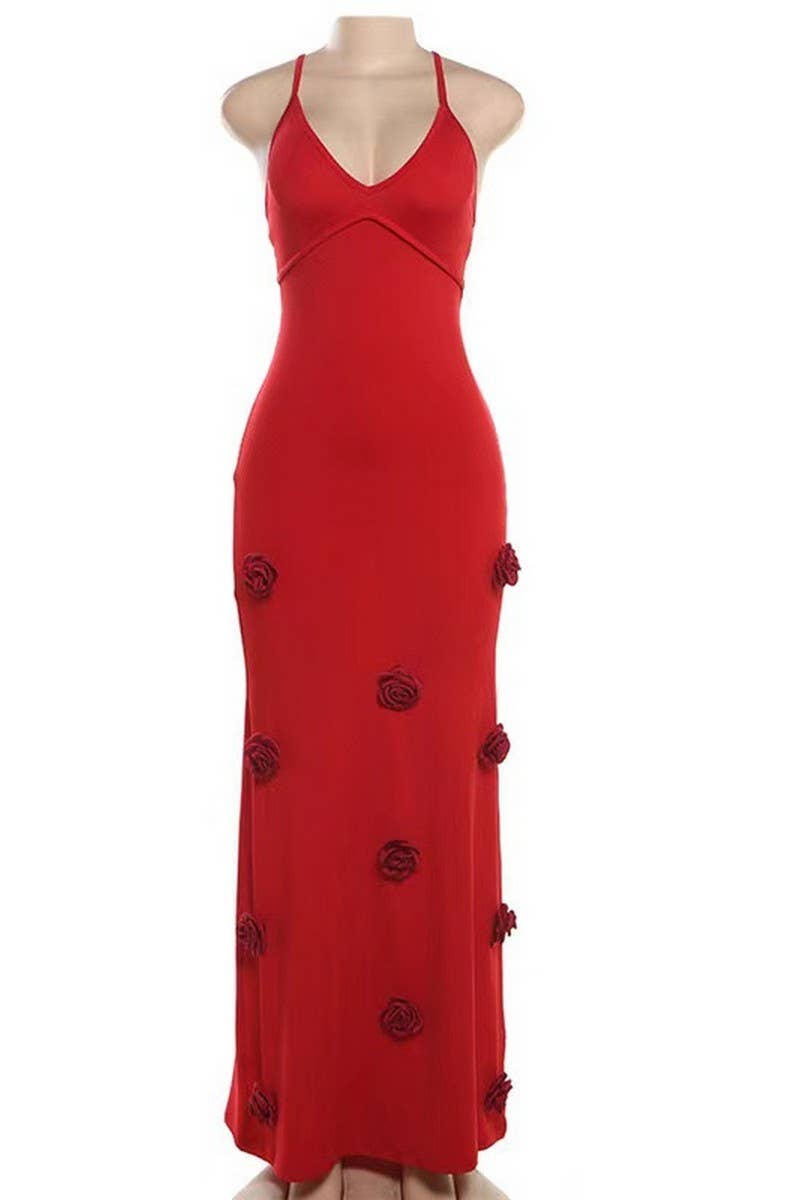 CWDMD4142_KNITTED EMBROIDERED SUSPENDER LONG DRESS