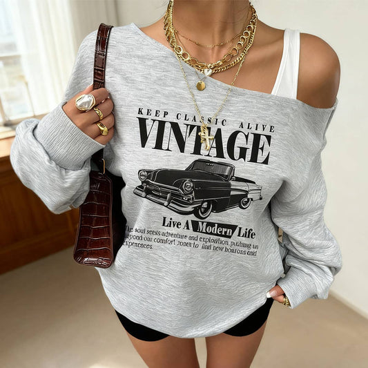 Letter-printed off-the-shoulder loose hoodie