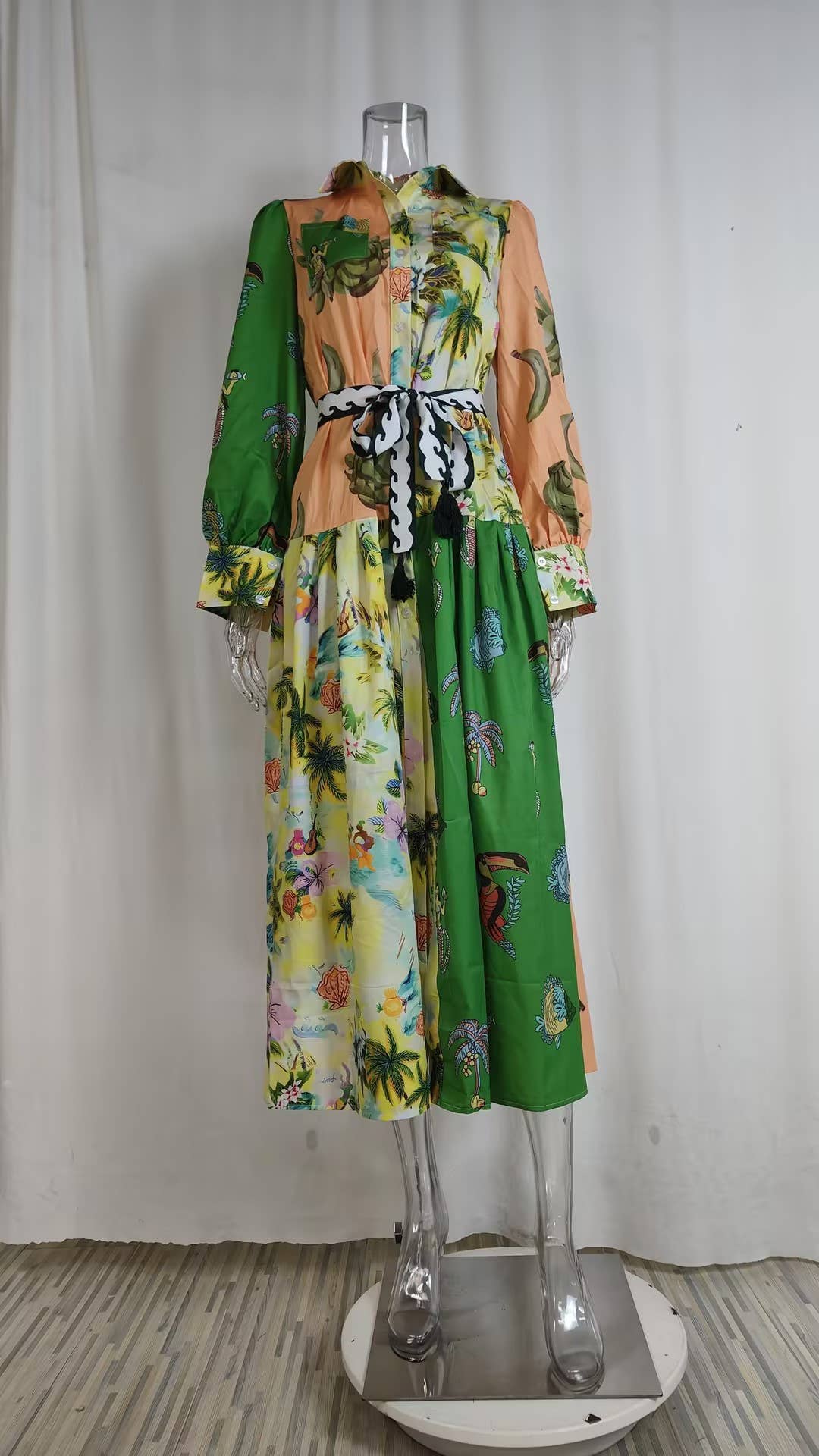 LANTERN SLEEVE PRINTED LAPEL LONG-SLEEVED DRESS