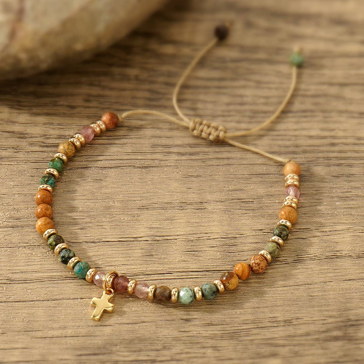 GOTHIC CROSS NATURAL SEMI-PRECIOUS STONE BRACELET_CWAB4626