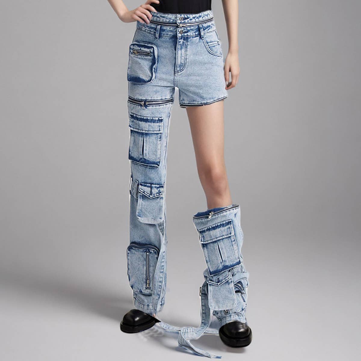 FASHION TRENDY ZIPPER SPLICING MULTI POCKET JEANS_CWJP0195