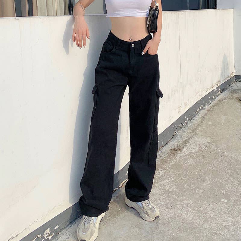 Casual loose multi-pocket wide-leg jeans