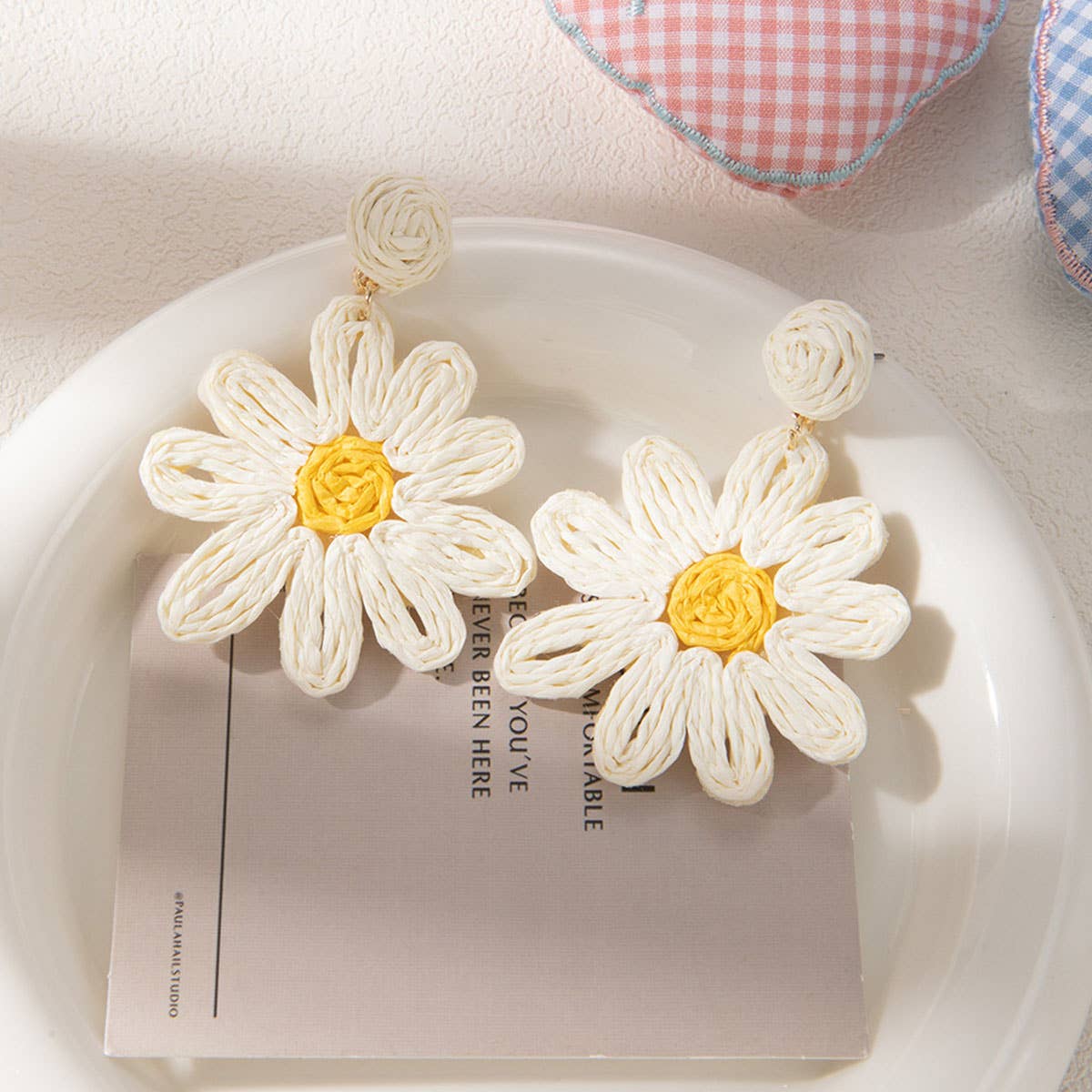 Vacation style raffia woven flower earrings
