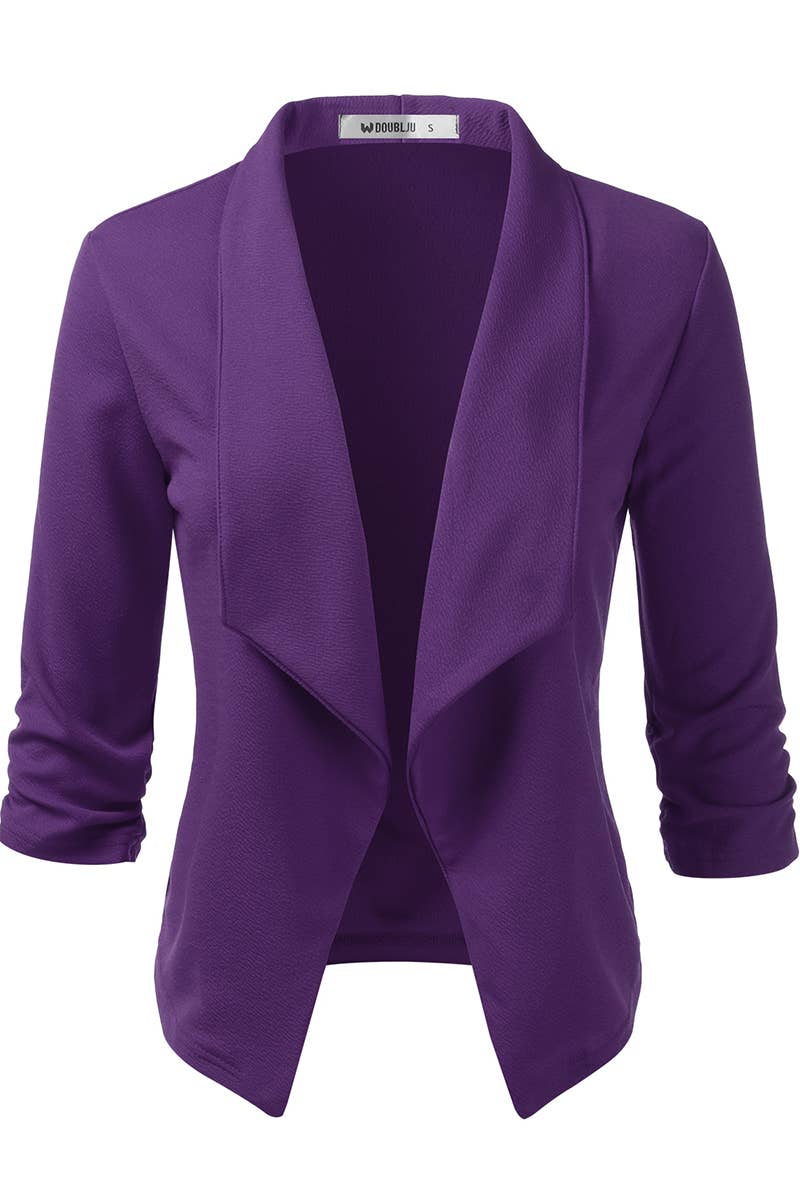 CWOBL091_Casual Work Ruched 3/4 Slv Open Front Blazer Jacket