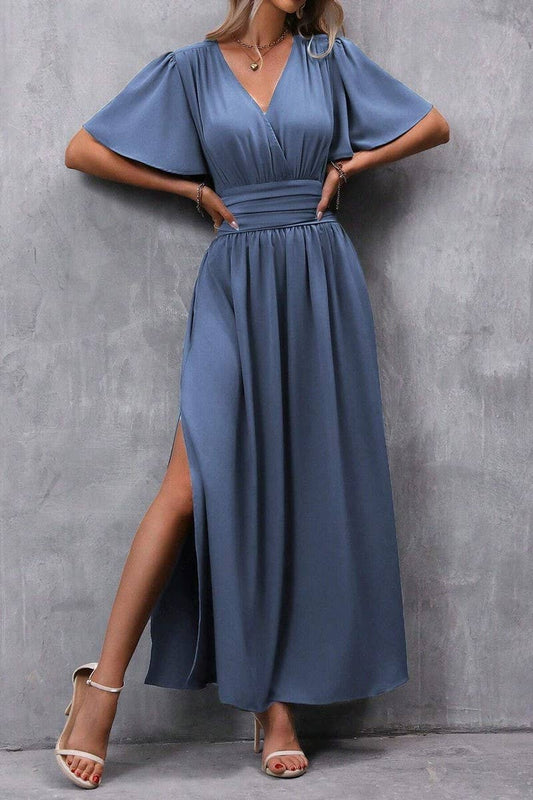 CWDMD4017_DEEP V WAIST LONG DRESS WITH SLITS ON BOTH SIDES