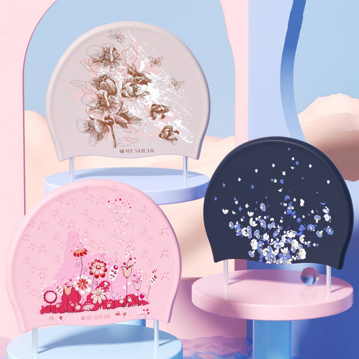 Adult Women's Swim Cap, Floral, Waterproof_CWMM6711