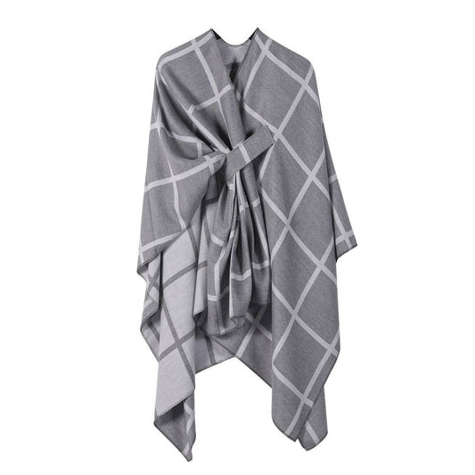 SIDE-STRAP SHAWL PLAID SLIT CAPE WARM SCARF