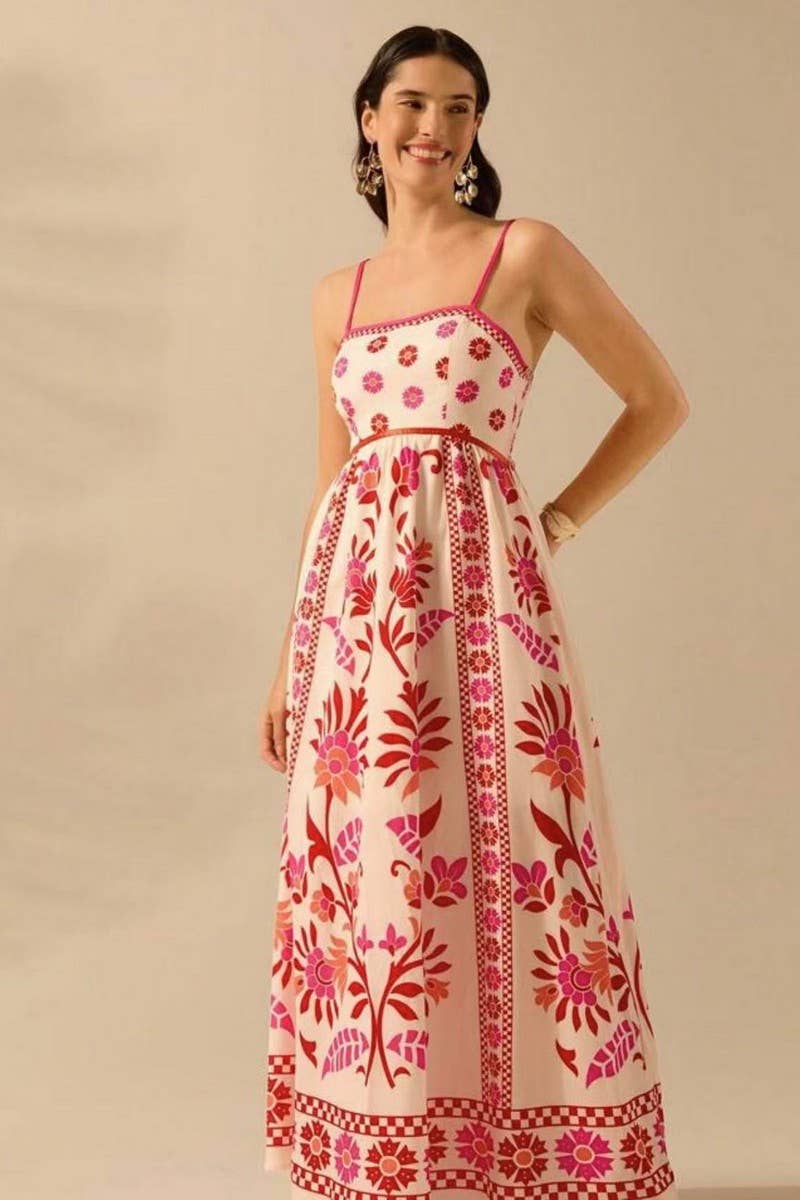 CWDMD5837_FLORAL PRINT STRAPPY BOHO VACATION DRESS