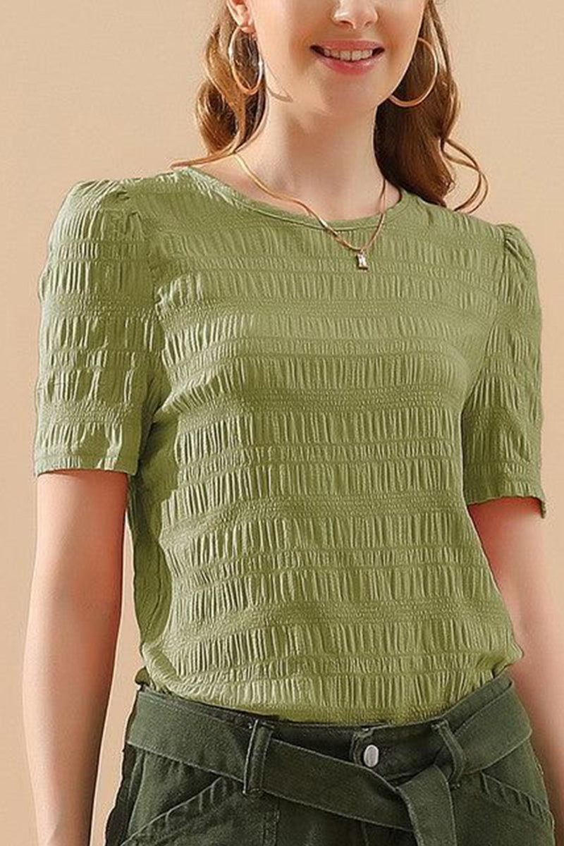 PUFF SHOULDER SHORT SLEEVE CASUAL TOP