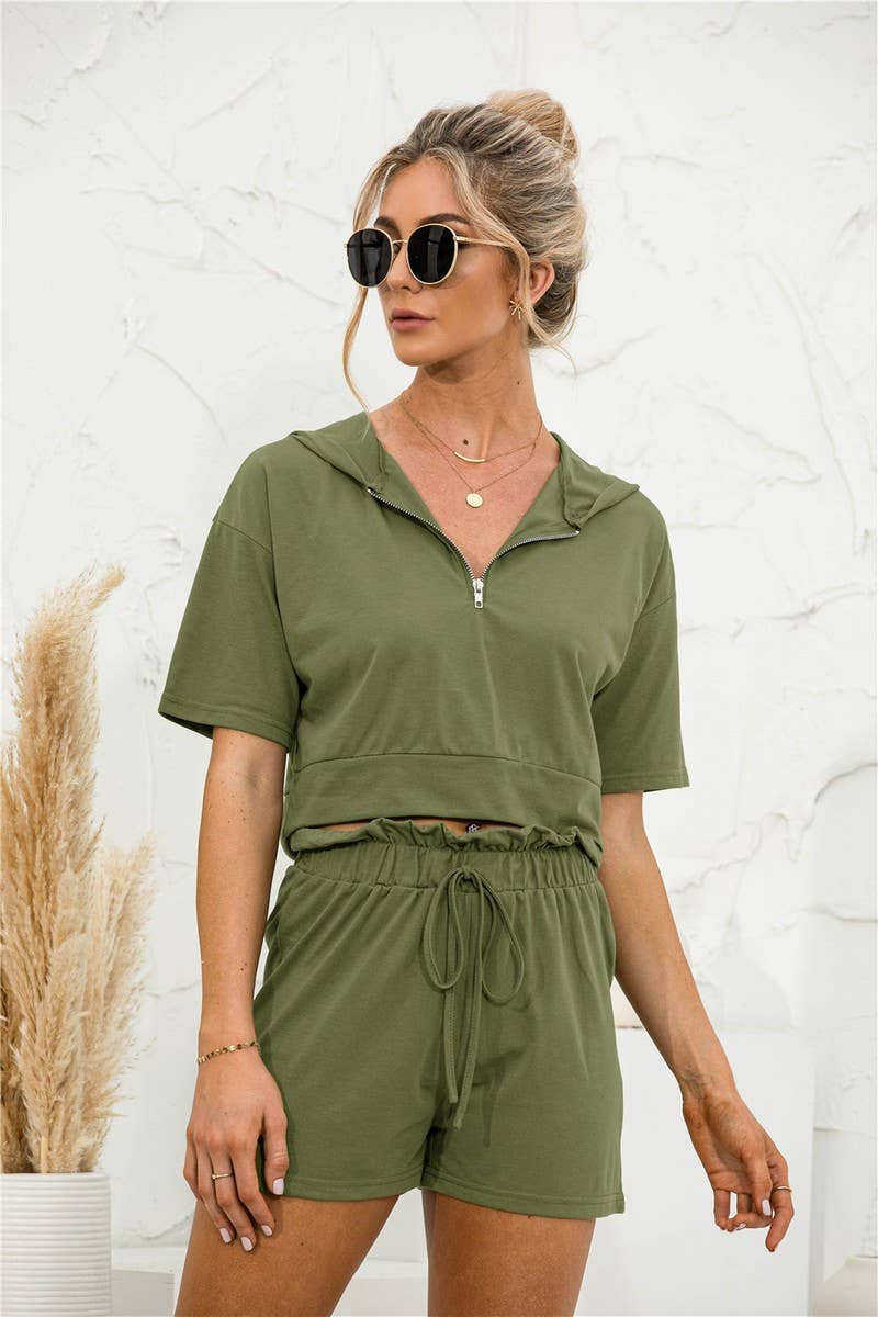 SOLID COLOR HOODED ZIPPER SHORTS CASUAL SUIT_CWSTB0437