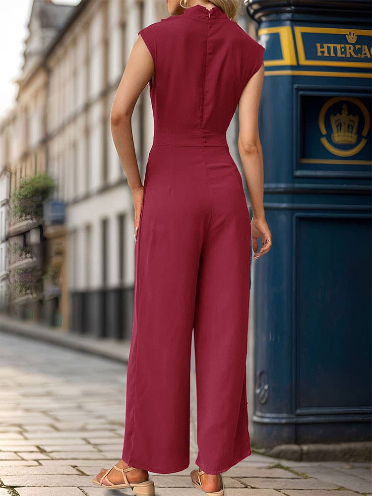SOLID COLOR SWING NECK JUMPSUIT WITH SLEEVES