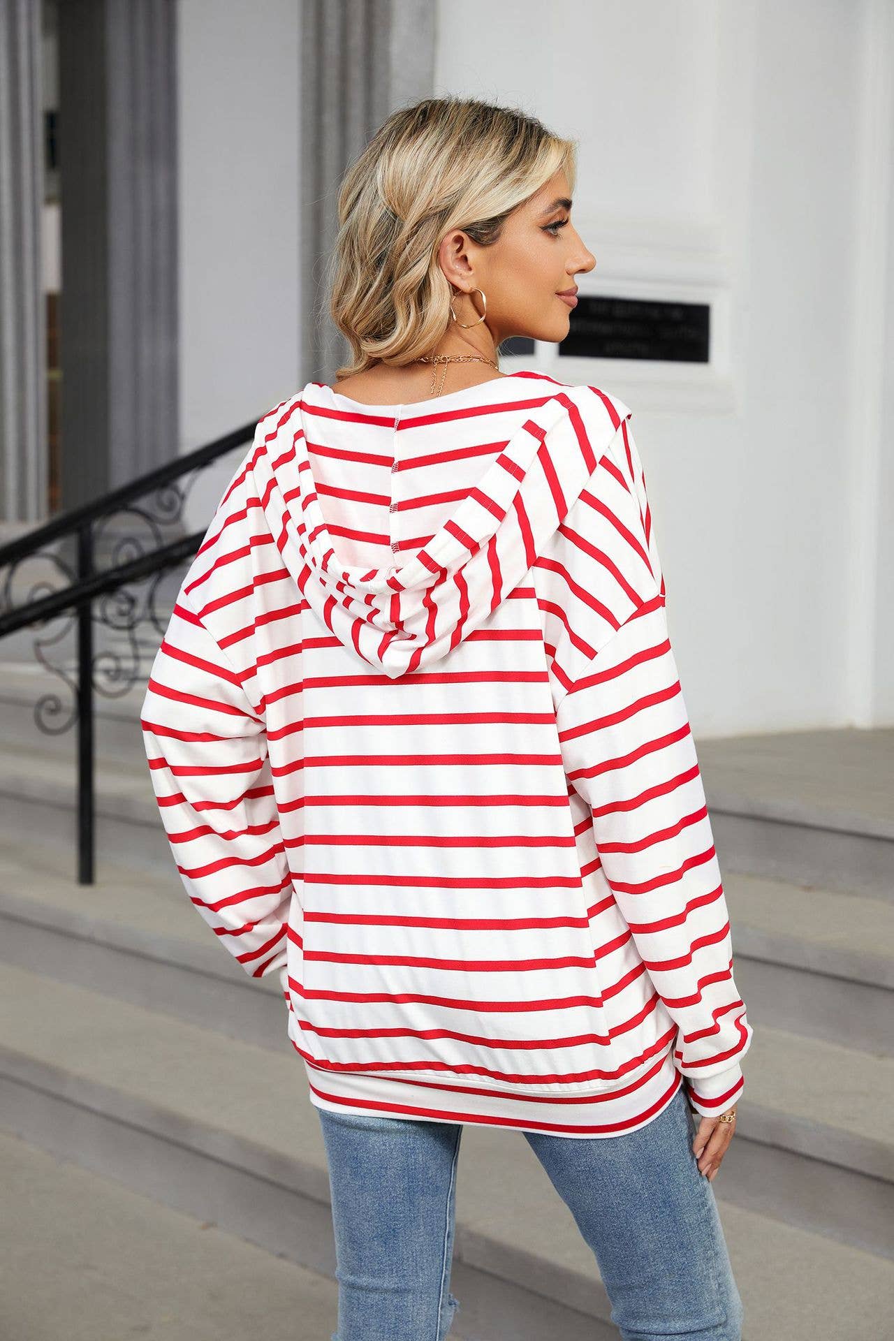Striped V-neck hooded long-sleeved sweatshirt