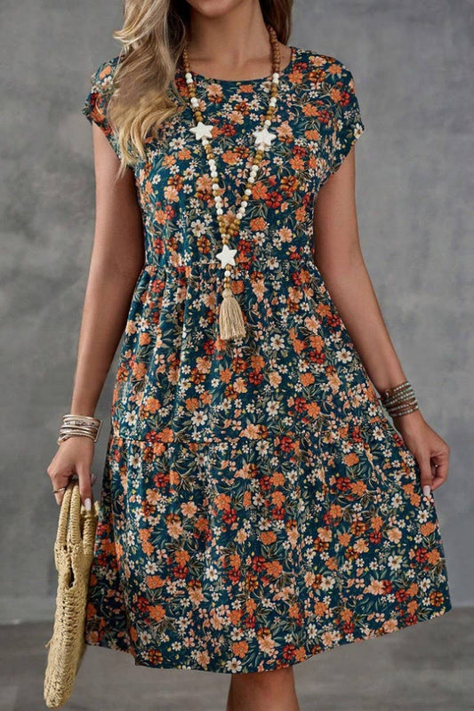 CWDSD8379_PRINTED ELASTIC WAIST SHORT SLEEVE DRESS