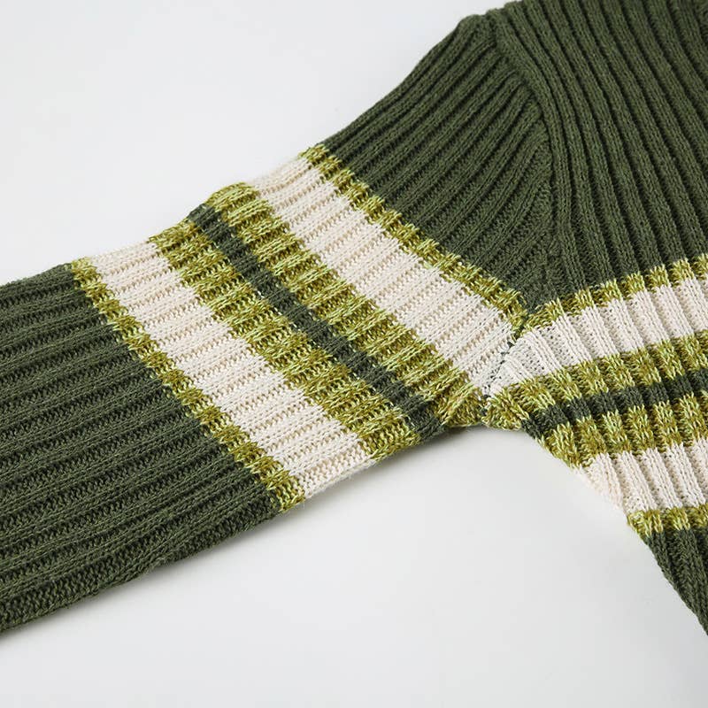 VINTAGE PREPPY V-NECK STRIPED WOOLEN BLOUSE