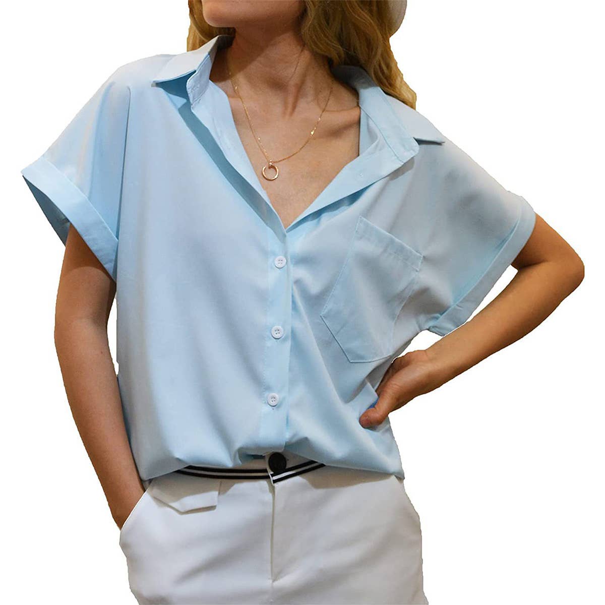 V-NECK BUTTON-DOWN SHIRT TOP