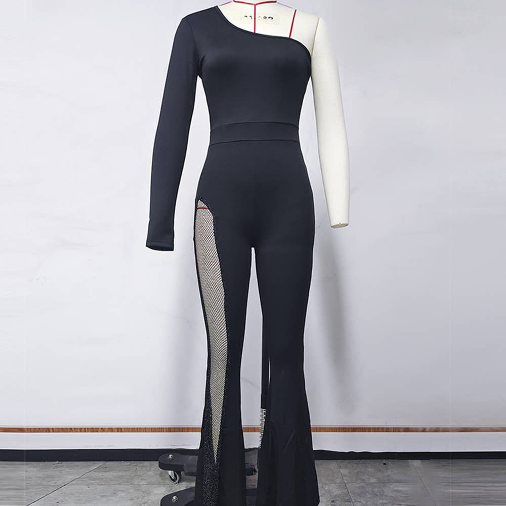 Stylish one-shoulder mesh patchwork jumpsuit