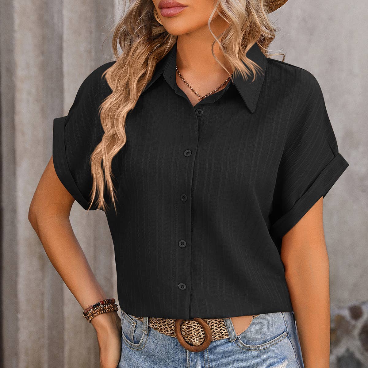 WOMEN'S CASUAL LOOSE BUTTON SHORT SLEEVED SHIRT_CWTBLS0455
