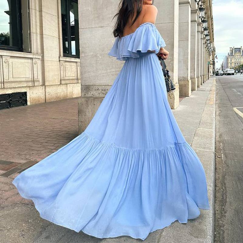 SOLID COLOR ONE-LINE SHOULDER-TOP LONG DRESS
