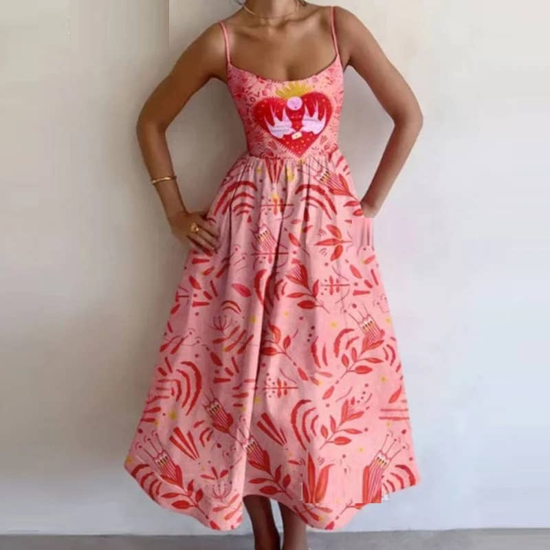 Fashion printed cinched waist,large halter dress