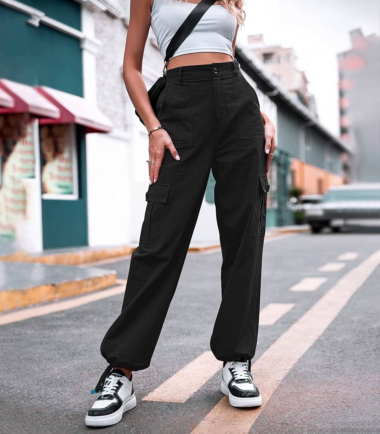 High-waisted,slimming,loose wide-leg cargo pants