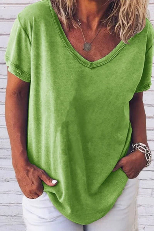 Cwtts1057_V Neck Solid Color Casual Short Sleeved T Shirt