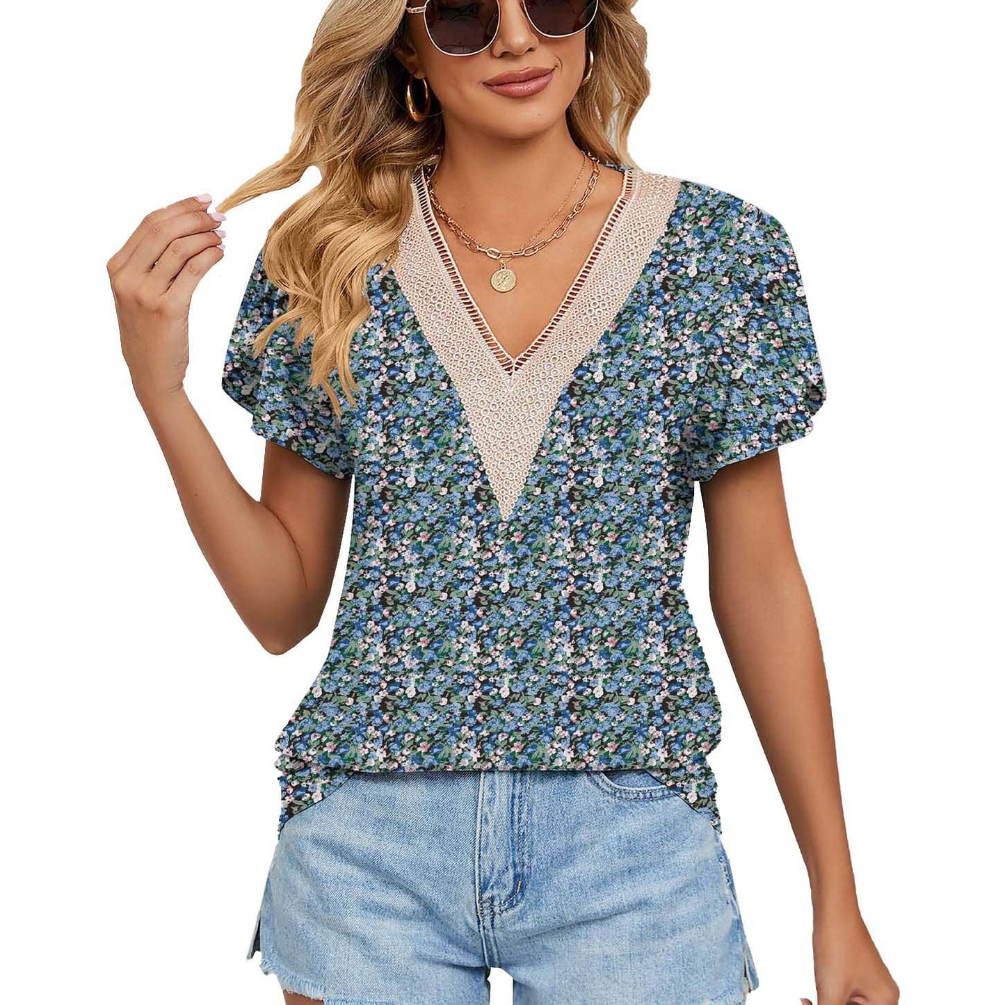 V-neck printed petal-sleeve loose pullover shirt