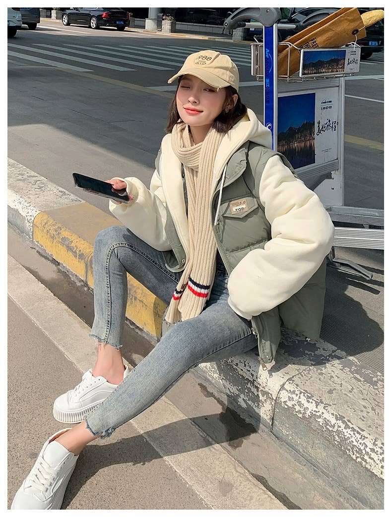 Fake two pieces loose contrast color padded coat
