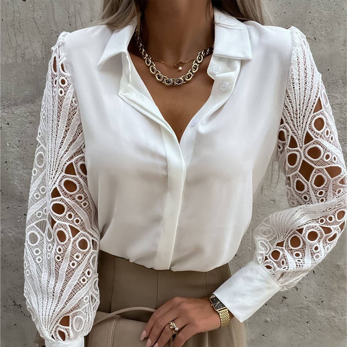WOMEN'S SOLID COLOR LACE CUTOUT PATCHWORK SHIRT