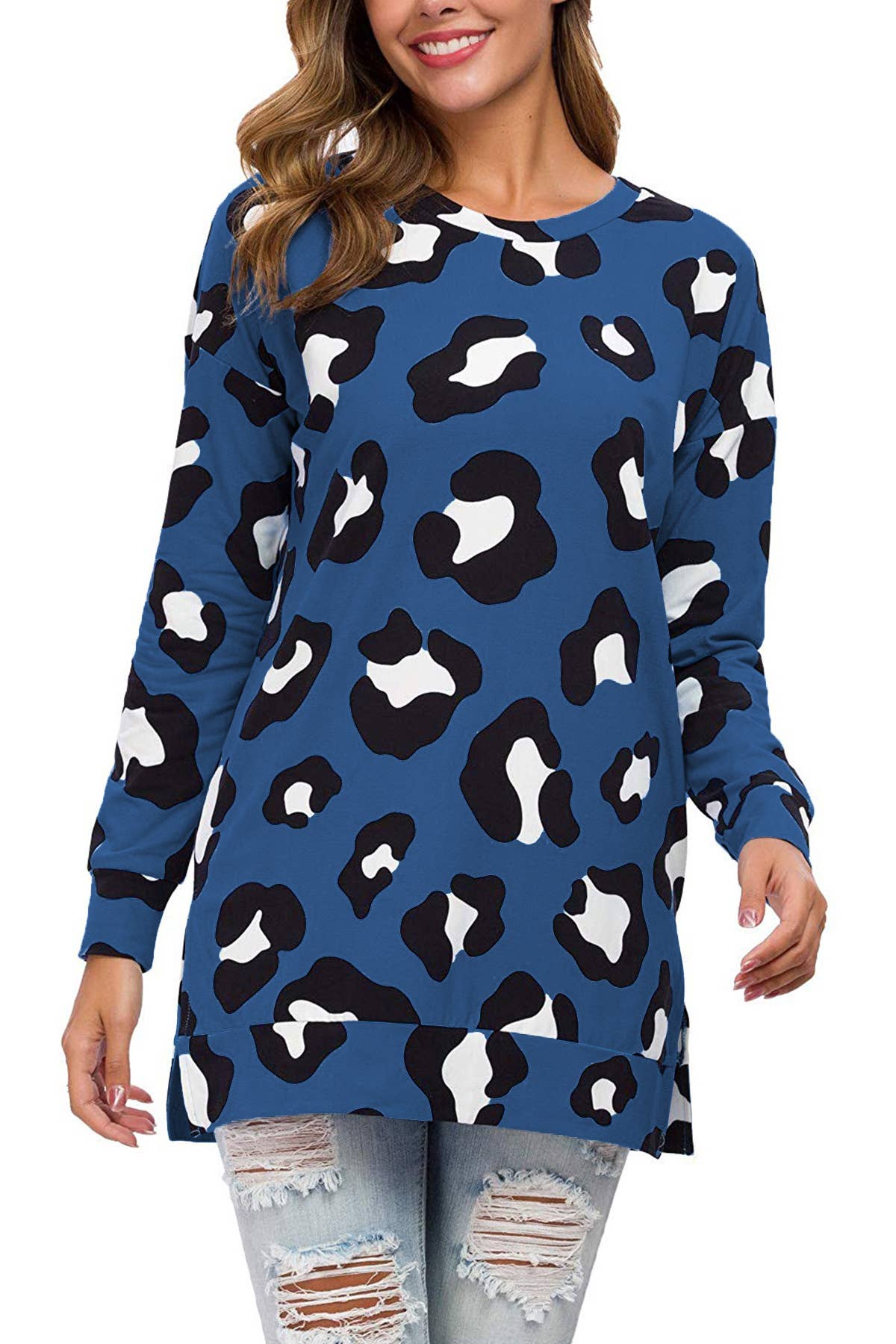 LEOPARD PRINT CREW NECK LOOSE PULLOVER T-SHIRT