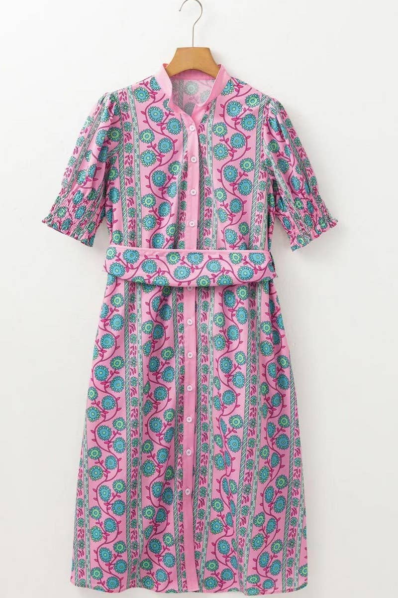 CWDMD5851_FLORAL COLORBLOCK HIGH WAIST TIE MIDI DRESS