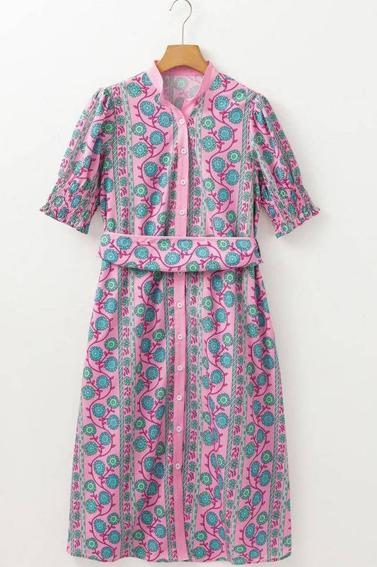 CWDMD5851_FLORAL COLORBLOCK HIGH WAIST TIE MIDI DRESS