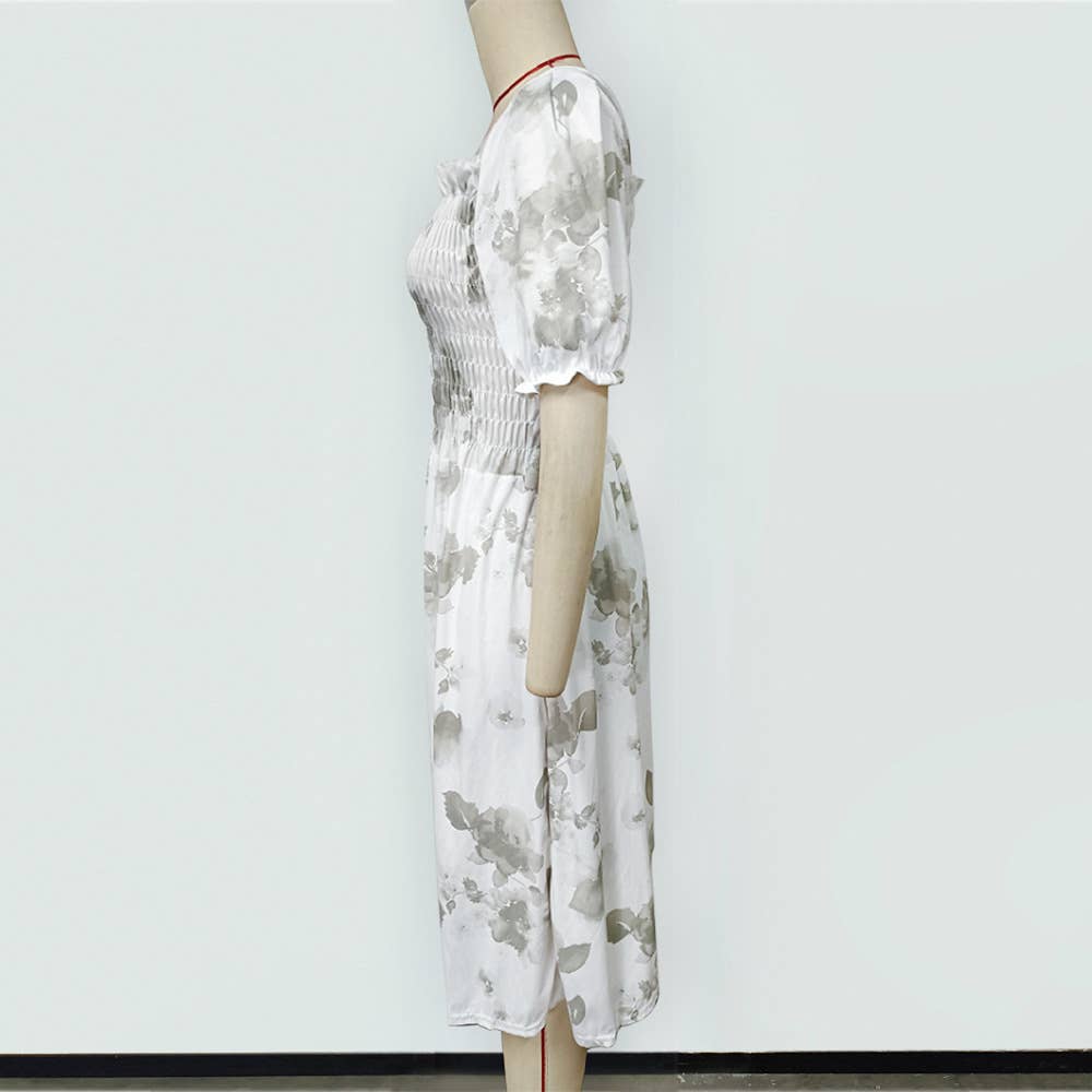 PRINTED DRESS WITH SQUARE COLLAR PUFFED SLEEVES