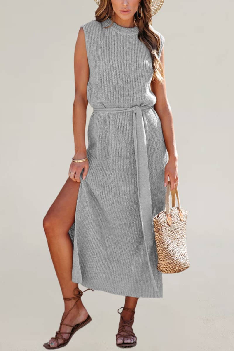 CWDMD2089_CREW NECK SLEEVELESS LACE-UP DRESS WITH SLIT