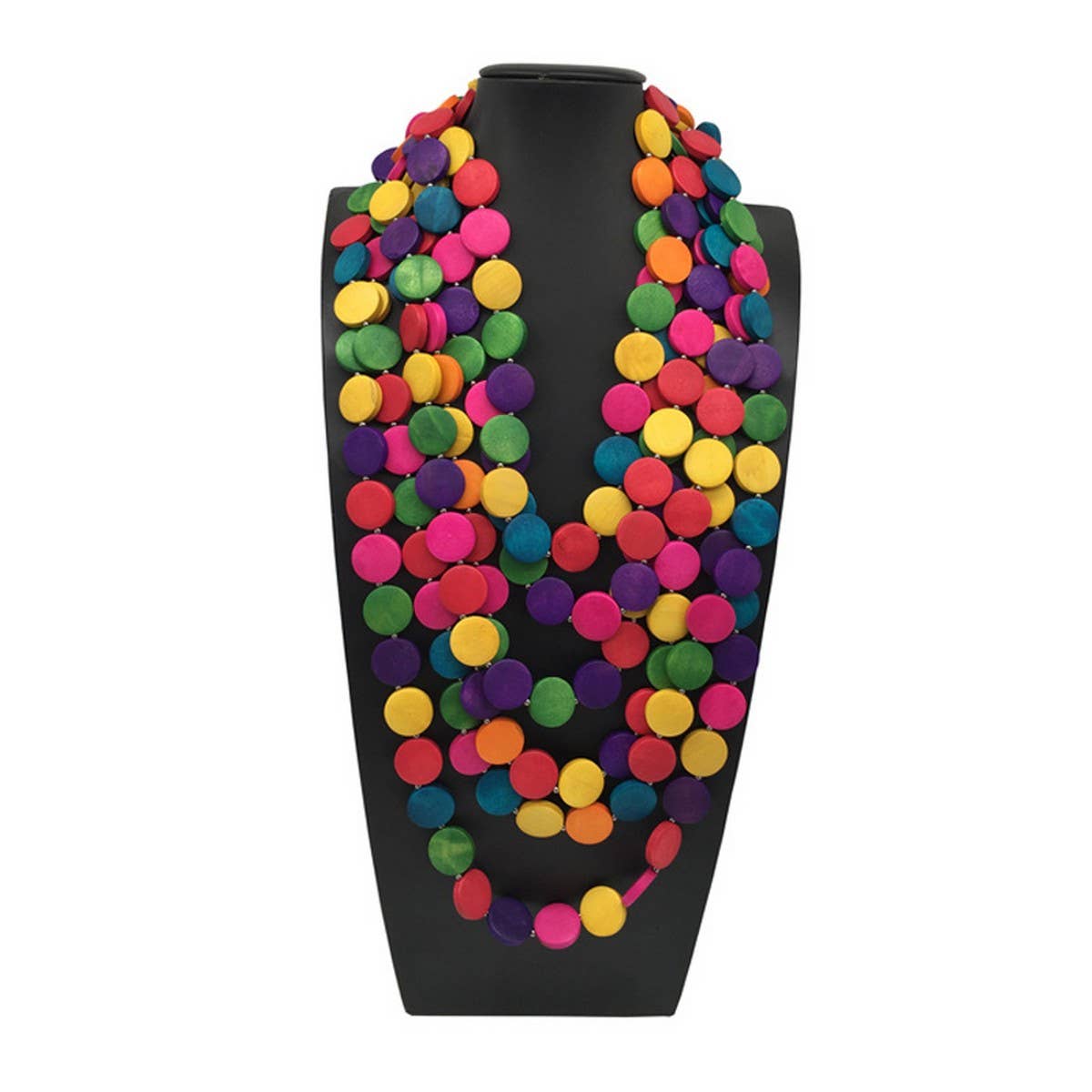 COLORFUL WOODEN DISC LONG MULTI-LAYER NECKLACE